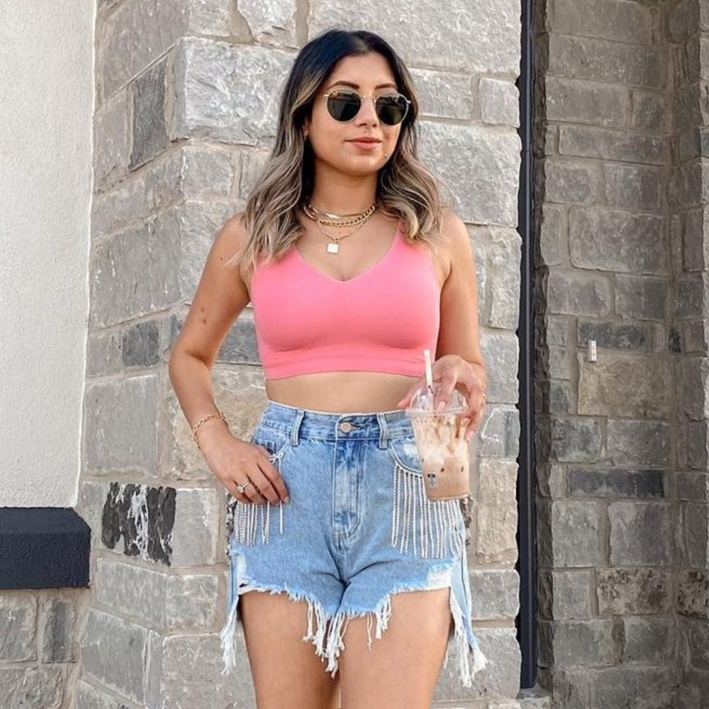 Denim Shorts with Rhinestone Fringes